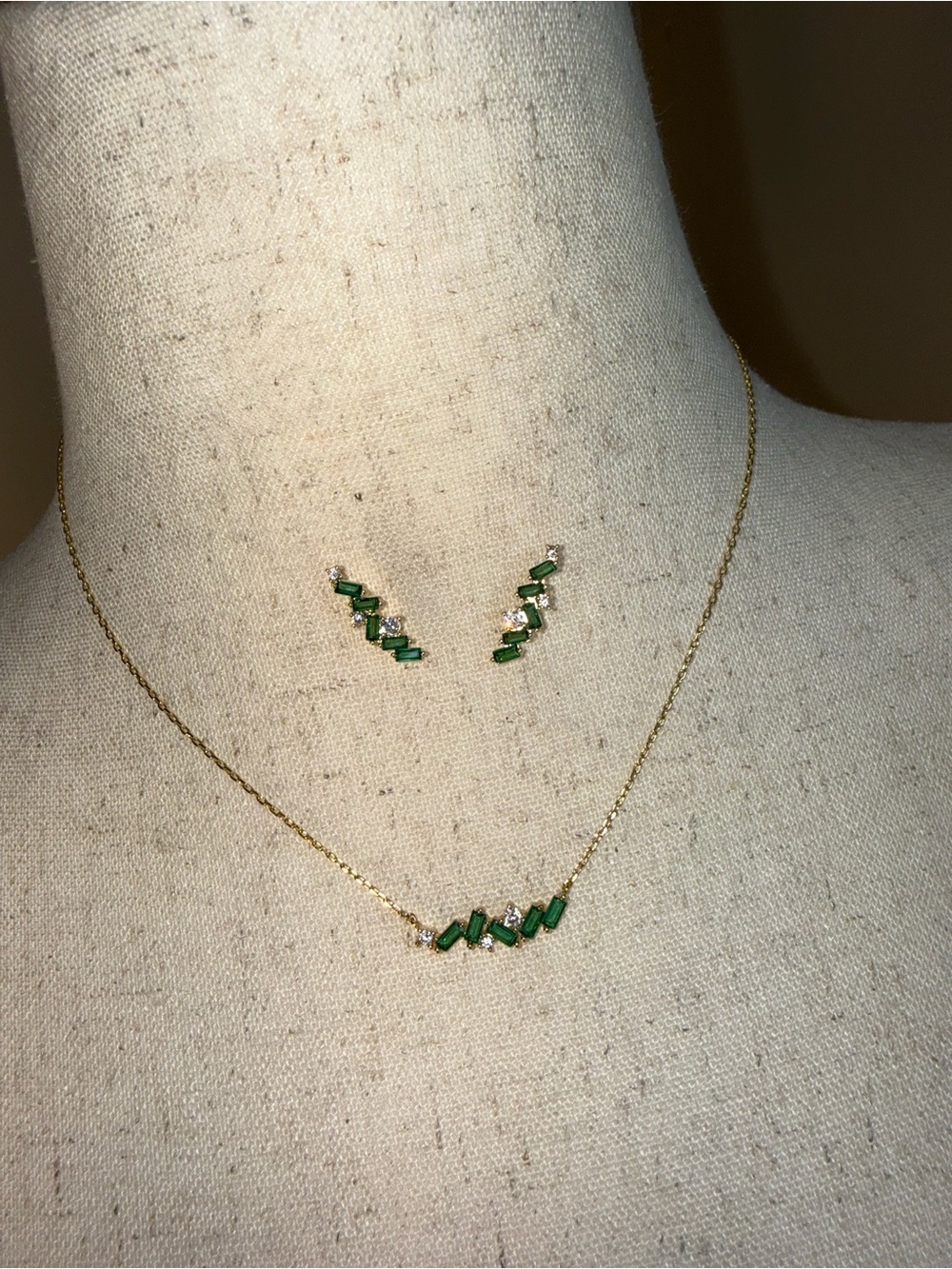 Adina Eden Gold Necklace and Earrings with Green Crystal Baguettes